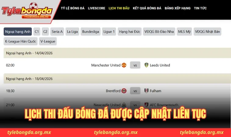 Lịch thi đấu bóng đá được cập nhật liên tục